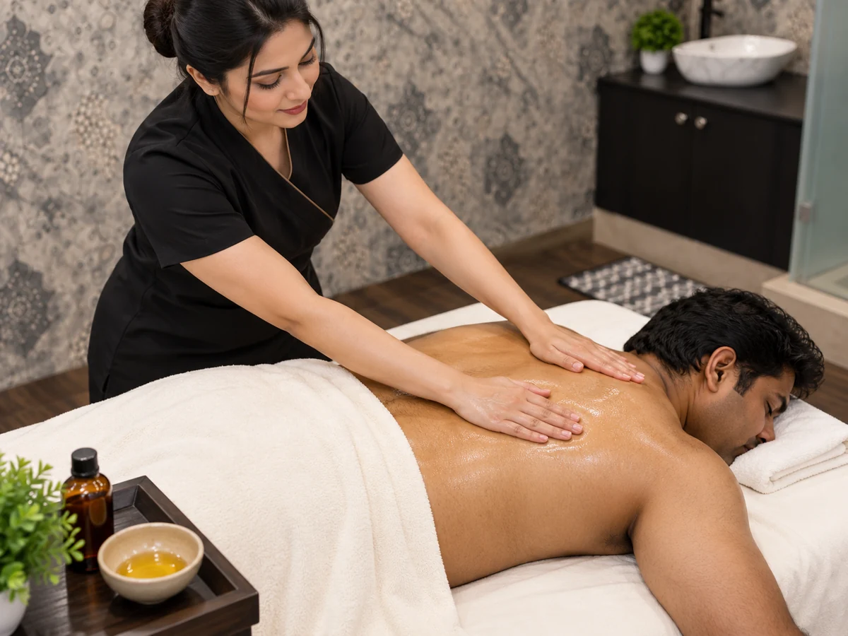 Flowing massage strokes with an oil bowl beside the massage bed