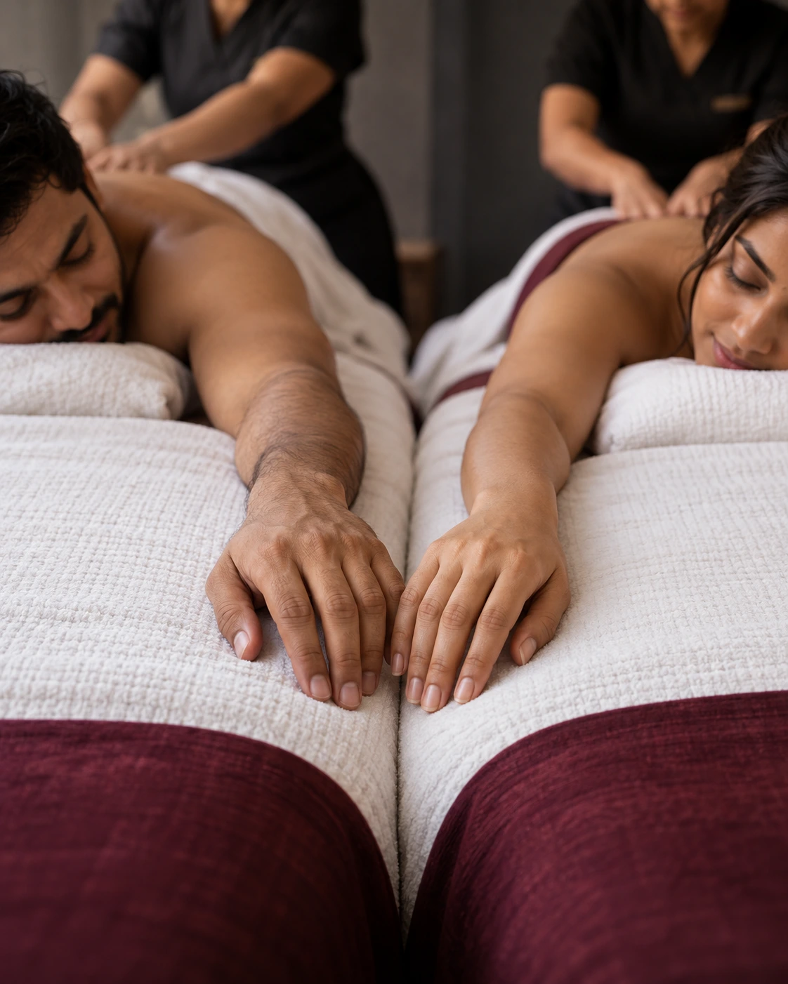 Two guests resting their hands together on white linen during a Couple Massage