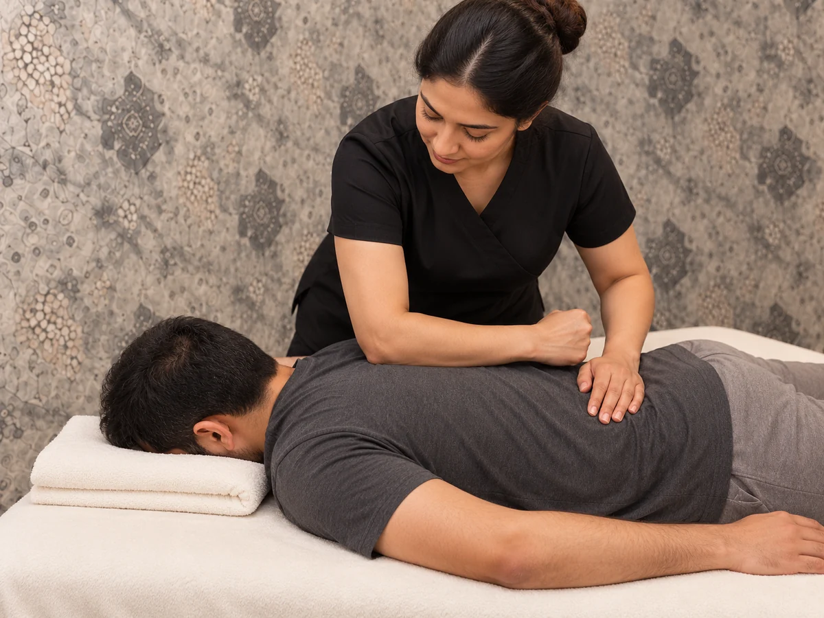 Focused forearm contact during a professional back massage