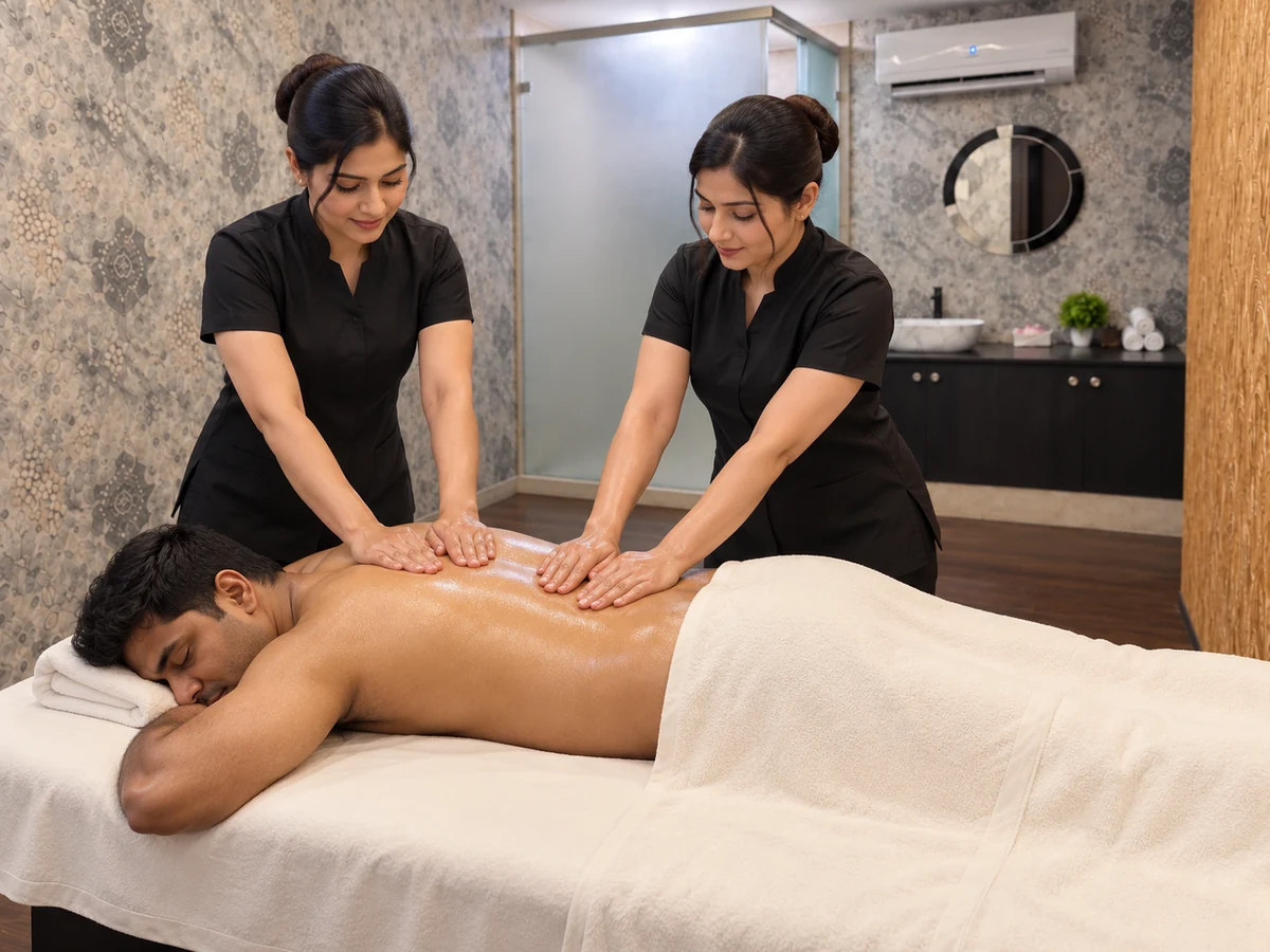 Two therapists making coordinated contact with one massage guest