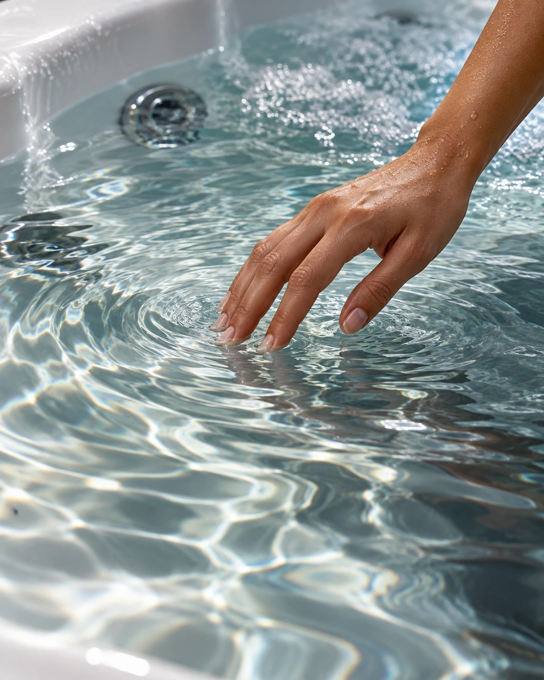 A hand touching clear Jacuzzi water, creating overlapping ripples