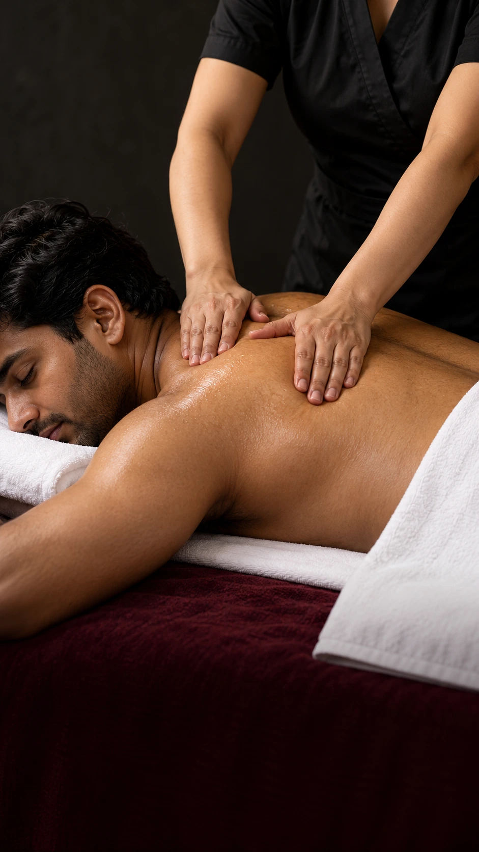 Close-up of a professional shoulder massage, with the guest supported on white linen
